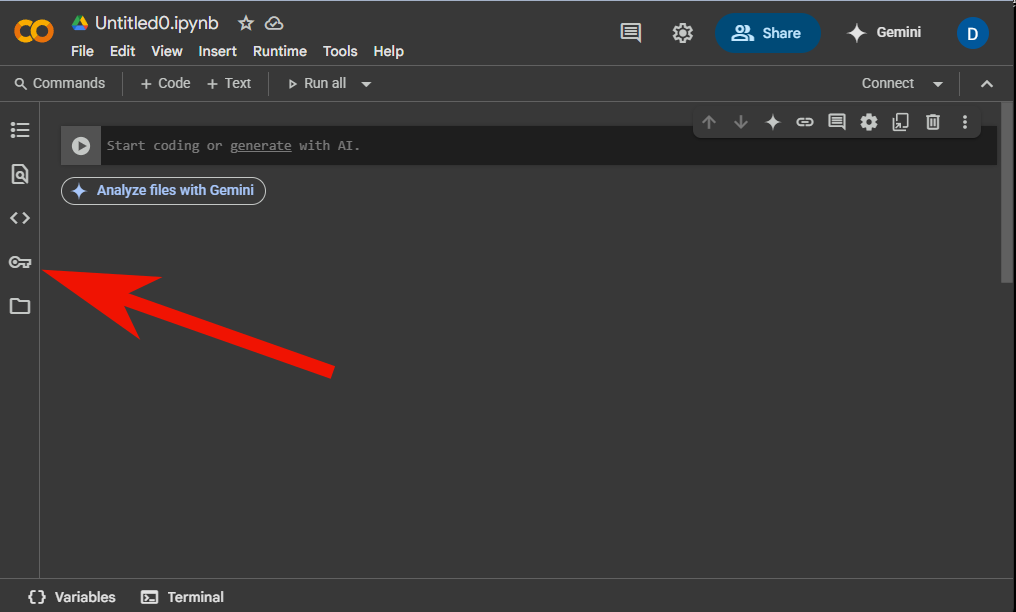 Opening the Google Colab secrets menu