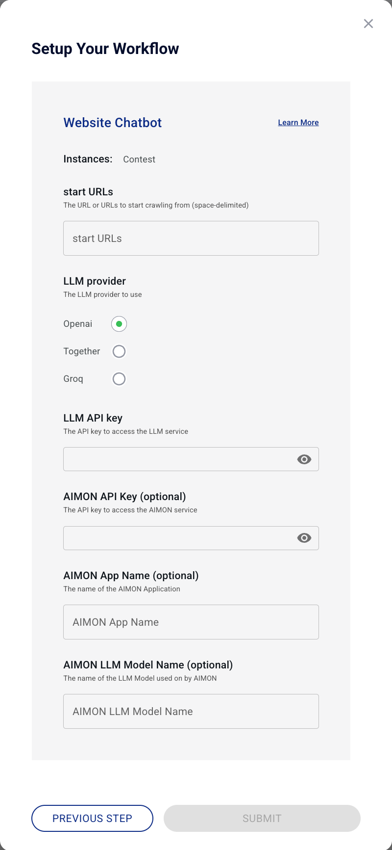 Website Chatbot setup screen start URLs