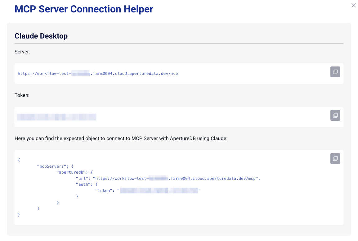 MCP Server Connection Helper shows token and setup details