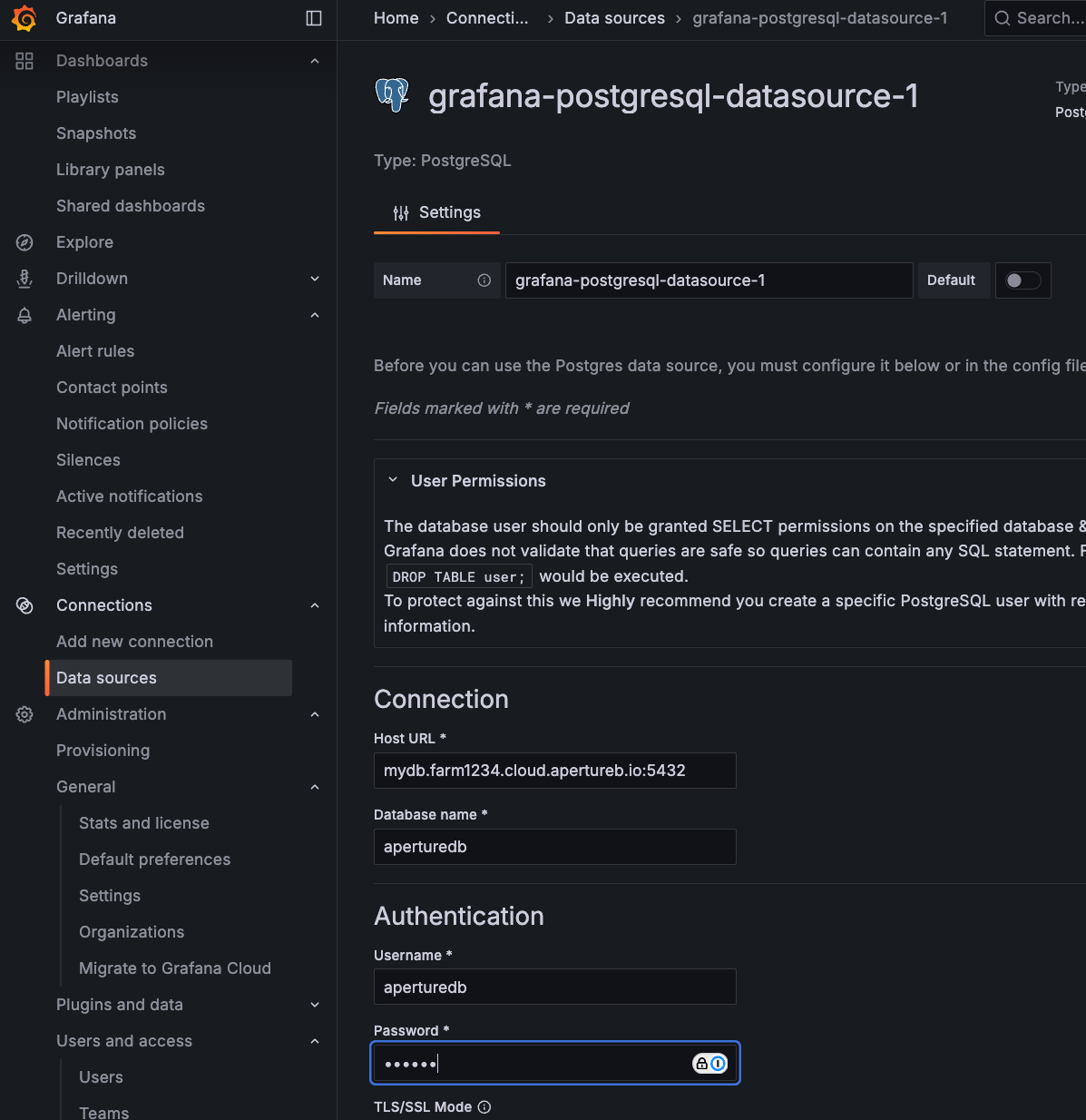 Add PostgreSQL data source dialog in Grafana
